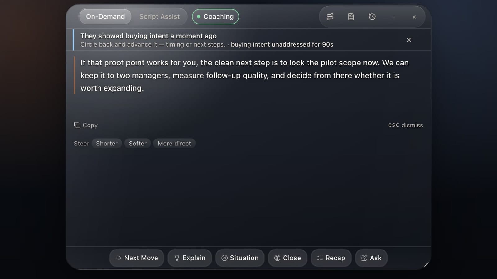 Cinder showing a grounded next-move answer during a live sales call