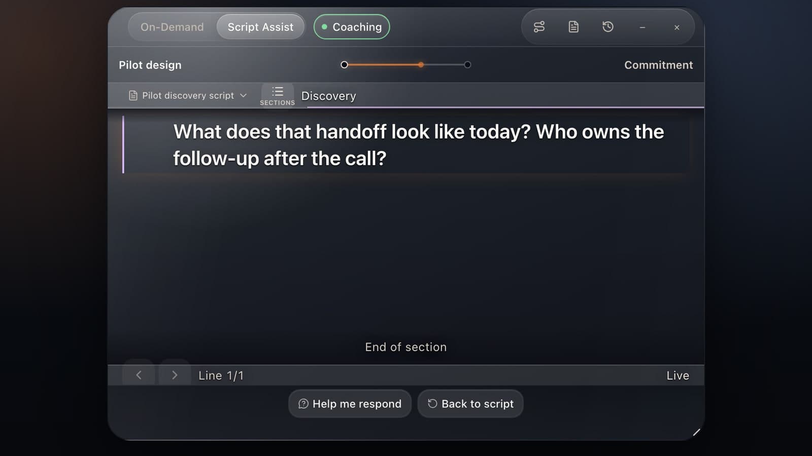 Cinder Script Assist showing the current sales-script line, call progress, and controls for returning to the script
