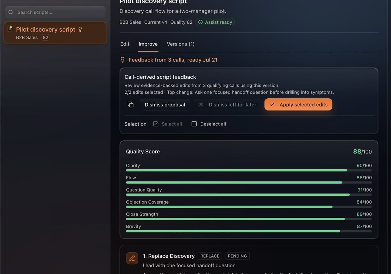 Cinder Script Lab showing scored, reviewable suggestions for a sales script