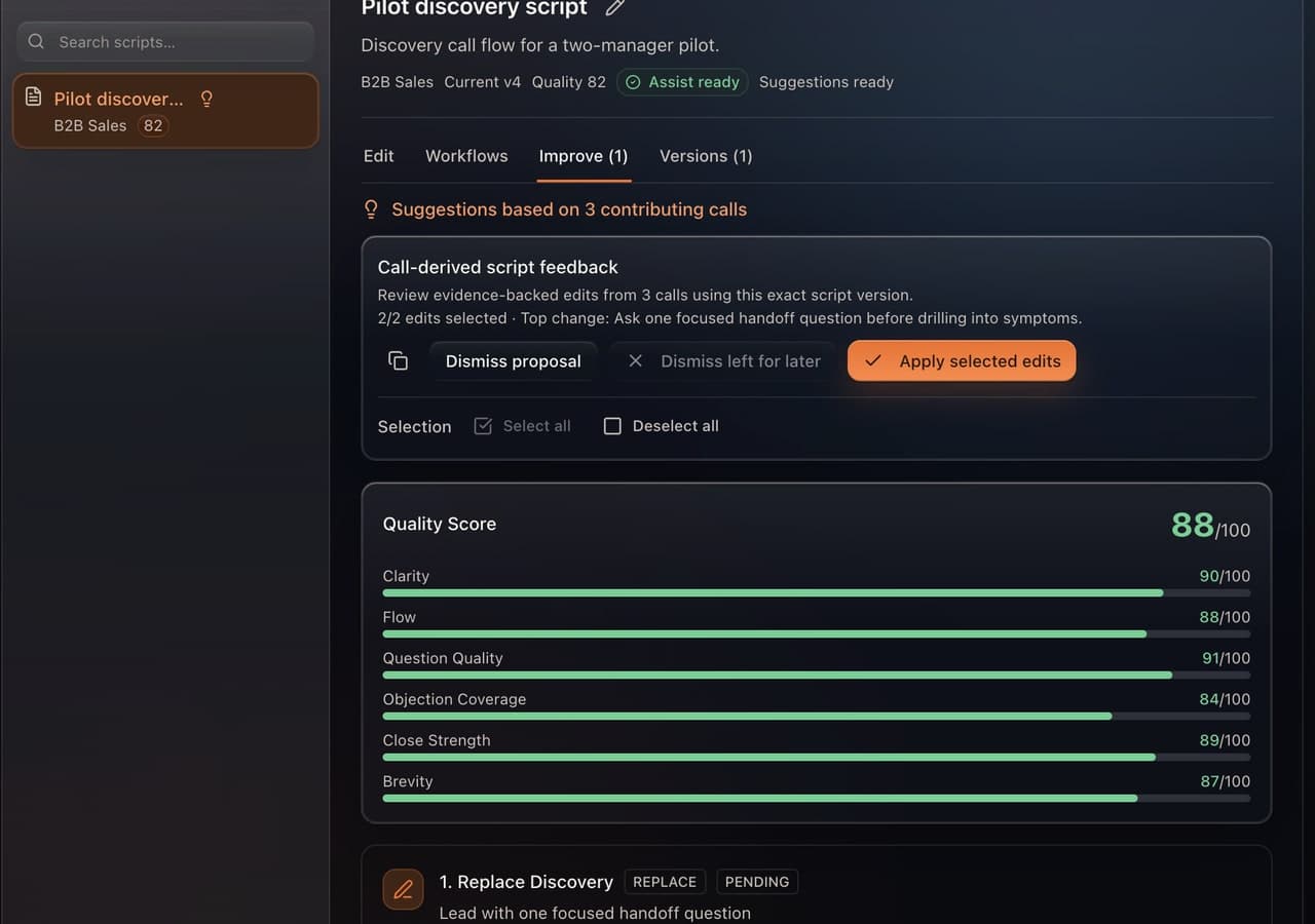 Cinder Script Lab showing scored, reviewable suggestions for a sales script